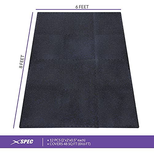 Xspec 1/2" Thick 48 sq ft (12 Tiles) Interlocking Rubber Top EVA Foam Exercise Mat | Home Gym Mats Workout Flooring Tiles for Gyms, Fitness Rooms | Durable Grip Protective Flooring, Black/Blue