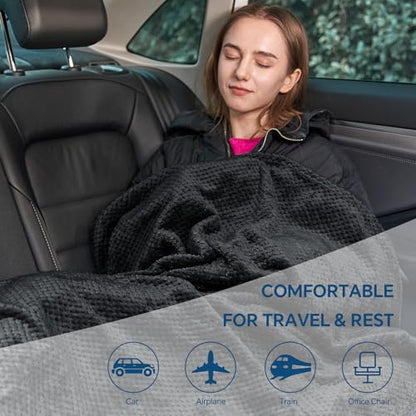 BEDELITE Travel Blanket with Bag, Ultra-Soft Jacquard Fleece Blanket with Luggage Sleeve & Backpack Clip, Airplane Blanket Travel Essentials, Black - color: Black