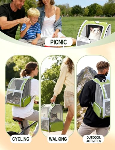 Cat Backpack Carrier with Washable Bed Mat Breathable Cat Carrier Large Space Medium Small Dog Puppy Kitty Ventilated Mesh Pet Backpack for Cats Travel Walking Outdoor Use(Green 13.8" Lx11.4 Wx16 H)