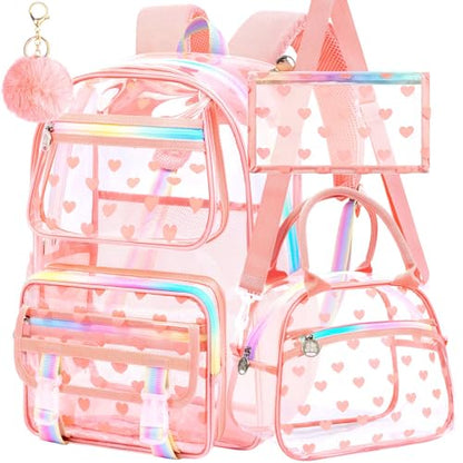 KLFVB 3PCS See Through Backpack Heavy Duty, Girls Clear School Bag Set, Cute Transparent Bookbag for Women - Heart Love Deep Pink - color: Heart Love Deep Pink Clear Backpack