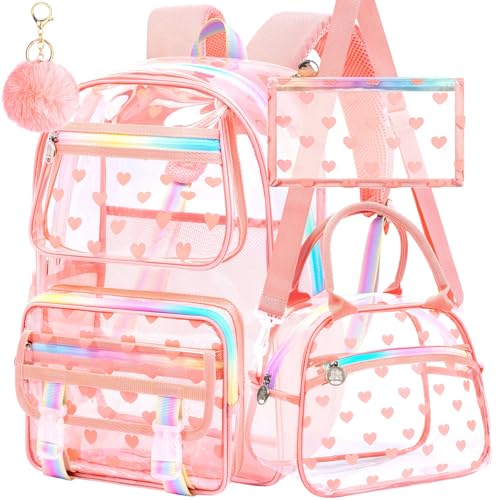 KLFVB 3PCS See Through Backpack Heavy Duty, Girls Clear School Bag Set, Cute Transparent Bookbag for Women - Heart Love Deep Pink - color: Heart Love Deep Pink Clear Backpack