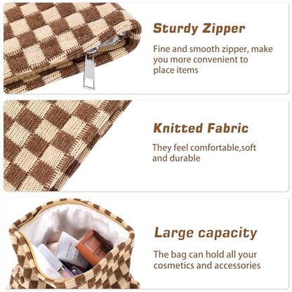 ZLFSRQ 3Pcs Checkered Makeup Bag for Women Large Small Checkered Cosmetic Bag Set Aesthetic Preppy Pencil Case Cute Pencil Pouch Brown Makeup Pouch for Purse Travel Toiletry Bags Zipper Skincare Bags - color: B-Checkered 3Pcs Mix Brown