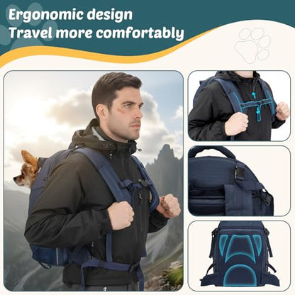 Dog Backpack Carrier for Hiking, Pet Travel Bag up to 18 lbs, 2-in-1 Foldable Cat Backpack with Laptop Compartment, Reinforced Ventilated 600D Nylon Rucksack for Walking Camping Commuting - color: Navy Blue