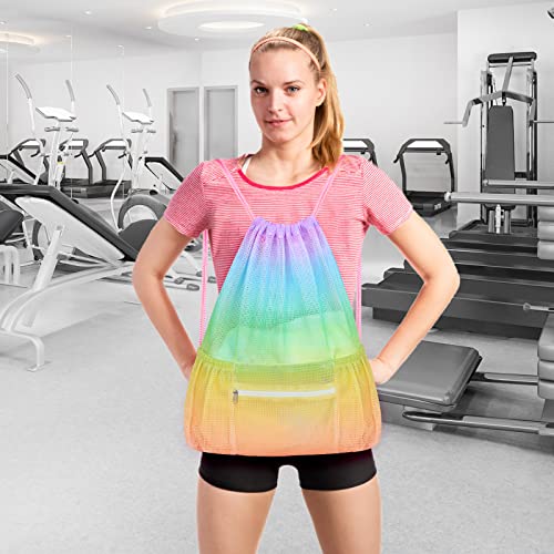 Mesh Drawstring Bag with Zipper Pocket, Beach Bag for Swimming Gear Backpack Gym Storage Bag for Adult - color: Rainbow