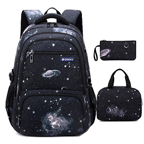 MITOWERMI Boys Backpacks for Primary Junior School Kids Backpack with Lunch Box Galaxy Space Bookbags for Boys Girls - color: #02 Galaxy-black, style: 3 Pcs Set Backpack