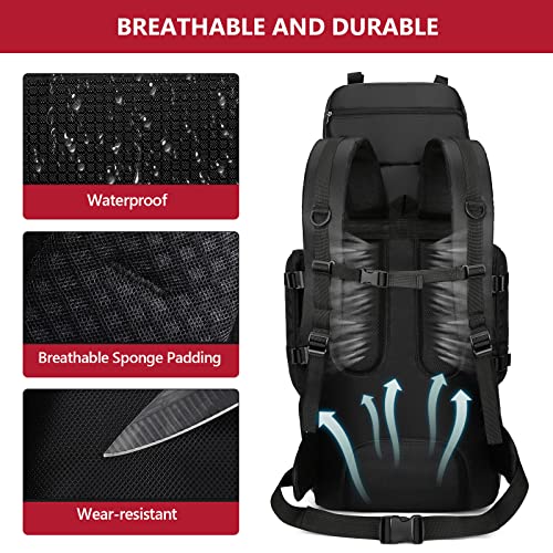 90L Hiking Backpack, Waterproof Camping Bag with Rain Cover, Lightweight Backpacking Back Pack - color: Black