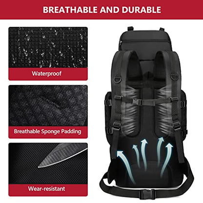 90L Hiking Backpack, Waterproof Camping Bag with Rain Cover, Lightweight Backpacking Back Pack - color: Black