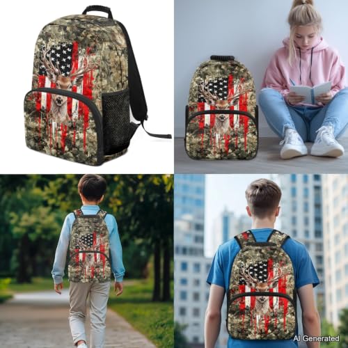 Backpack for Boys Girls Teens, 3 in 1 Lightweight American Flag Deer School Backpack with Lunch Box Pencil Case for Kids, 3Pcs School Bag - color: American Flag Deer