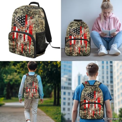 Backpack for Boys Girls Teens, 3 in 1 Lightweight American Flag Deer School Backpack with Lunch Box Pencil Case for Kids, 3Pcs School Bag - color: American Flag Deer