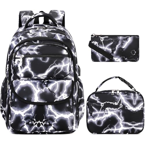 Bevalsa Backpack for Boys, Lightning School Bags with Lunch Bag & Pen Case for Kids, Bookbag for Boys Teens Elementary Middle High School - color: Black