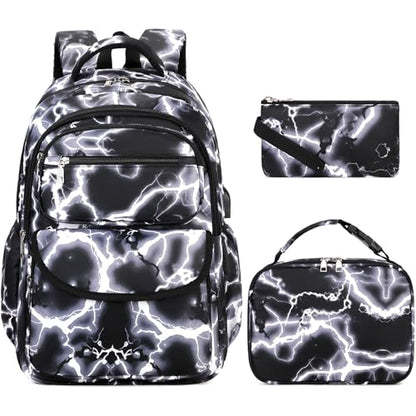 Bevalsa Backpack for Boys, Lightning School Bags with Lunch Bag & Pen Case for Kids, Bookbag for Boys Teens Elementary Middle High School - color: Black