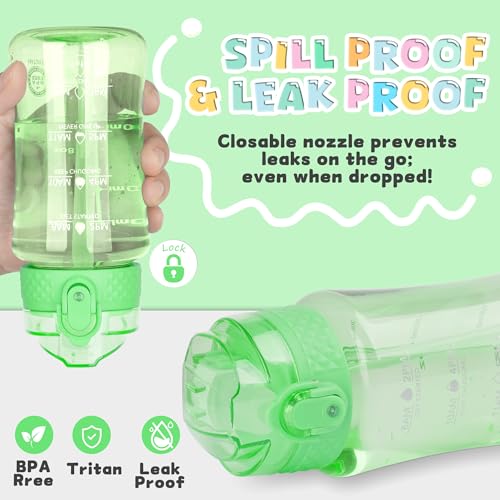 OLDLEY 12oz Kids Water Bottle, Tritan BPA-Free, Leakproof Flip Straw Lid, Motivational Time Marker, Carry Strap, Reusable Clear Water Bottle for Boys & Girls,Pear - color: Pear, style: 12 Ounces
