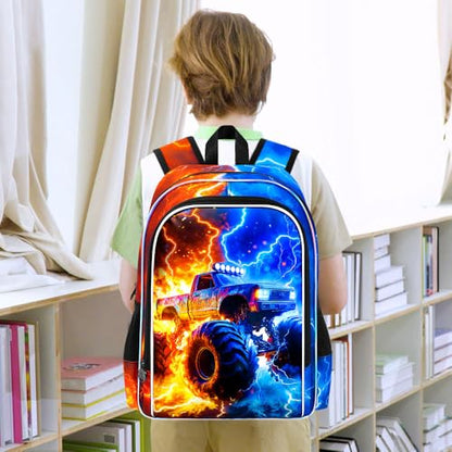 AGSDON 3PCS Truck Backpack for Boys, 17" Kids Bookbag with Lunch Box for Boy, Flame Thunder Backpacks Water Resistant and Lightweight for Teen - color: Truck
