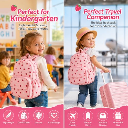 BTOOP Kids Backpack, Girls Backpack 4-6-Preschool Kindergarten School Bookbag with Insulated Lunch Compartment & Chest Strap, Pink-Strawberry Backpacks - color: Pink-strawberry, size: Age 3-6 (14.5" H Fit Folder)