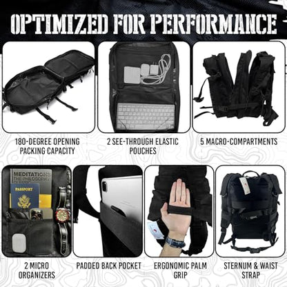 AMERICANPHOENIX 45L Elite Tactical Backpack | 3X Stronger Work & Military Backpack | Water Resistant and Heavy Duty | 3 Day MOLLE Bug Out Bag (Carbon Black) - color: Carbon Black