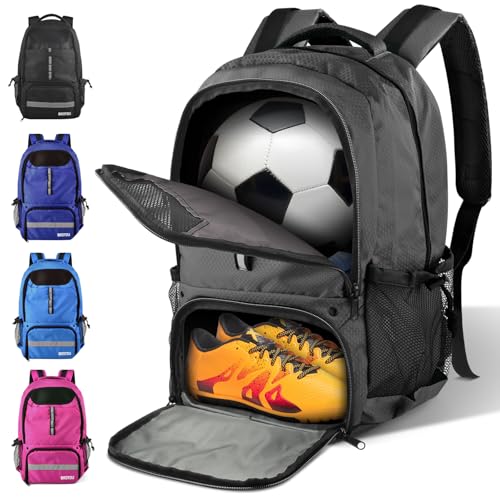 BROTOU Soccer Backpack Sports Bag with Ball Holder and Shoe Compartment for Football Basketball Volleyball Rugby - color: Dark Grey