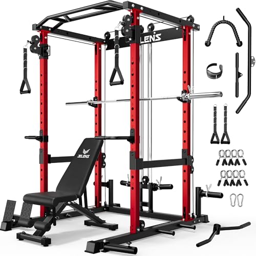 JELENS C12 Squat Rack for Home Gym, 2000LBS Power Rack with Adjustable Pulley System, Power Cage Workout Equipment with LAT Pulldown and Training Attachment - color: Red, size: Home Gym Package