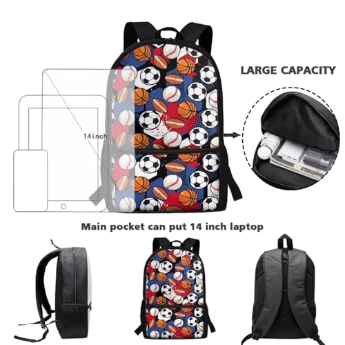 ZOUTAIRONG Cute Backpack and Insulated Water Bottle, Soccer Basketball Rugby School Bags for Boys 7-10/10-12/12-16, Casual Book Bag with Side Pockets - color: Soccer Basketball Rugby