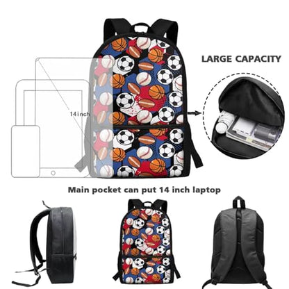 ZOUTAIRONG Cute Backpack and Insulated Water Bottle, Soccer Basketball Rugby School Bags for Boys 7-10/10-12/12-16, Casual Book Bag with Side Pockets - color: Soccer Basketball Rugby
