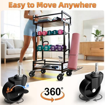4 Tier Home Gym Storage Rack with Wheels, Yoga Mat Rack Small Dumbbell Weight Rack, Multi-Functional Wood Metal Gym Equipment Storage Rack Workout Cart for Women Kettlebell Fitness Organizer