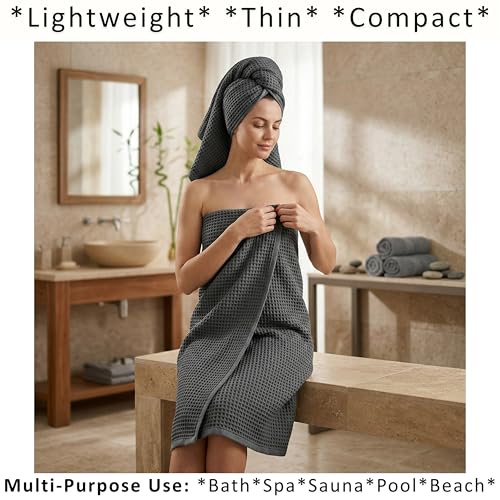 PÜSKÜL Natural 100% Turkish Cotton Waffle Bath Towels Set of 2-Piece | 32x63 inch Extra Large Absorbent Quick-Dry Lightweight Spa Towel | Luxury Sauna Accessories (Dark Gray Bath Towels - Pack of 2) - color: Dark Gray