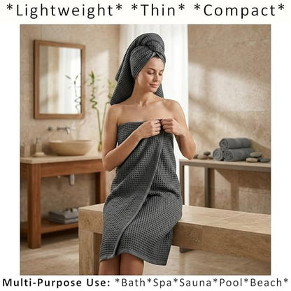 PÜSKÜL Natural 100% Turkish Cotton Waffle Bath Towels Set of 2-Piece | 32x63 inch Extra Large Absorbent Quick-Dry Lightweight Spa Towel | Luxury Sauna Accessories (Dark Gray Bath Towels - Pack of 2) - color: Dark Gray