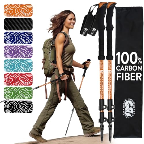 100% Carbon Fiber Trekking Poles by USA Brand - Ultra Strong Lightweight Collapsible Hiking Poles with Cork and EVA Foam Grips & Quick Adjustable Flip Locks - color: EVA Foam - Orange