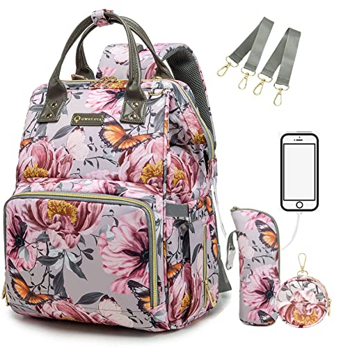 Floral Diaper Bag Backpack with Coin Bag USB Charging Port Stroller Straps and Insulated Pocket,Travel Nappy Backpack For Women/Mom (Grey Pink Flower Pattern) - color: Floral
