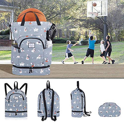 KAMO Drawstring Backpack Bag - Sport Swimming Yoga Backpack with Shoe Compartment, Two Water Bottle Holder for Men Women Large String Backpack Athletic Sackpack for Travel - color: Dog