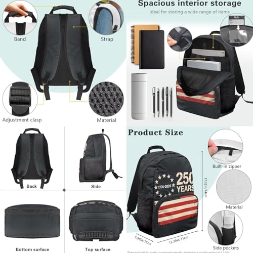 3PCS Backpacks for School 3 in 1 Lightweight American Flag 250 Years 17 Inch Daypacks for Boys Girls School Bag with Insulated Lunch Box Pencil Case - color: American Flag 250 Years