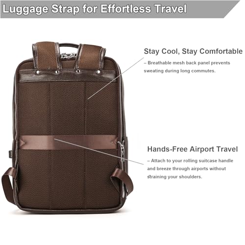 Genuine Leather 15.6 Inch Laptop Backpack for Men, Multi Pocket Slim Daypack Shoulder Bag with Trolley Sleeve for Business Travel (Brown) - color: Y80&28y Coffee