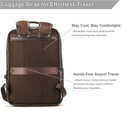 Genuine Leather 15.6 Inch Laptop Backpack for Men, Multi Pocket Slim Daypack Shoulder Bag with Trolley Sleeve for Business Travel (Brown) - color: Y80&28y Coffee