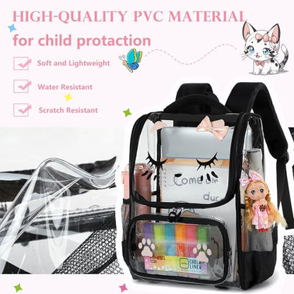 AO ALI VICTORY clear backpack Girls with Tote Bag Heavy Duty PVC Transparent Cute Backpack for Kids Toddler Preschool Bookbags Elementary School Bags See Through Casual Travel Daypack, Balck Set - color: Black Set