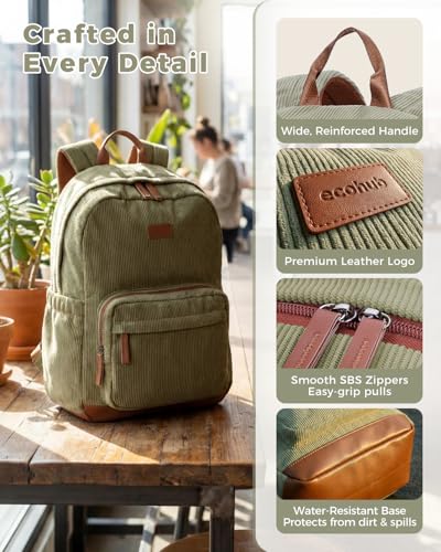 ECOHUB Women's Corduroy Backpack, Green Aesthetic College Everyday Bag - color: Sage Green
