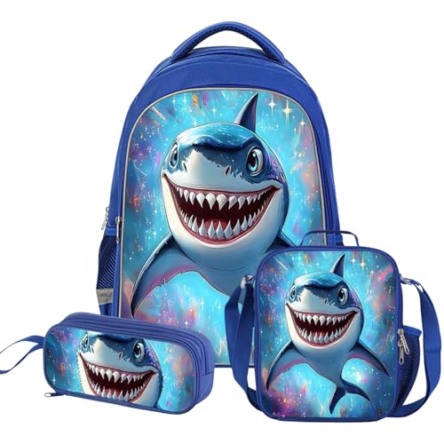 ZRENTAO Kids Backpack, 3D Reflective Cartoon, 600D Polyester & Dual Zippers, 17" Bookbag with Ergonomic Design for boys & girls age 6-18, Shark Space Style for school Children Kids - color: 04#sharkset