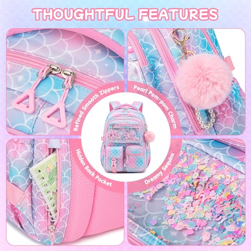 Girls Backpack,School Bag for Kids,Primary,Elementary,teen ages 6-15 Girls Bookbag,Students Kawaii Backpack Pink mermaid - color: Pink Mermaid