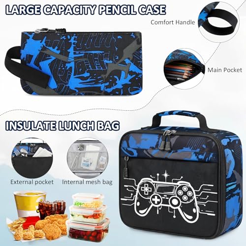 School Backpack for Boys - 4pcs Gamer Boys Backpack with Lunch Box Set for Kids Teens Elementary Middle High School,18″ Large Capacity Students Bookbag with Usb Charging Port & Key-chain - color: Game002-set