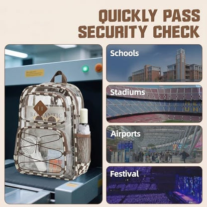 Clear Backpacks for Girls Women, Heavy Duty PVC Transparent Back Pack See Through Boys Kids Clear Bookbags for School Checkered Coffee - color: Checkered Coffee
