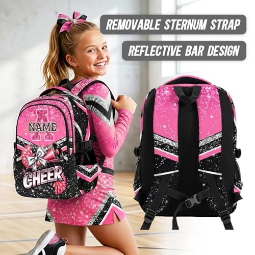 Custom Cheer Backpack with Initial, Glitter Cheerleading Backpack for Girls Cheerleader Gifts 17 Inch Bookbag for Elementary Middle School Travel - color: Pink