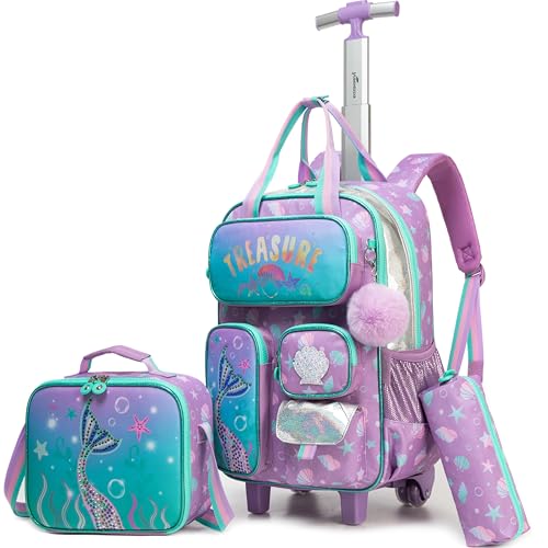 Mermaid Rolling Backpack with Wheels for Girls School Rolling Backpack Kids Travel Luggage for Girls Ages 5-12 - color: A Blue Mermaid