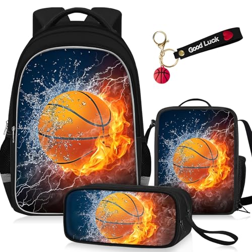 School Backpack for Boys - 4pcs Basketball Boys Backpack with Lunch Box and Pencil Case for Kids Children Teens Elementary Middle School - Students Bag for Ages 6-18,17″Bookbag Travel Back Pack - color: Basketball-02-backpack Set