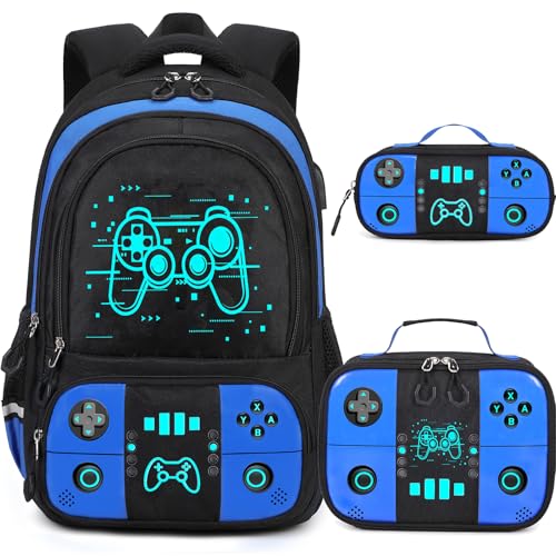 Bevalsa Backpack for School Boys, Cool Luminous Gamer Boys Schoolbag with Lunch Box & Pencil Case Set for Kids Teens Elementary Middle School, Bookbag Glow In The Dark(Blue Game Backpack) - color: Blue Game, style: Backpack