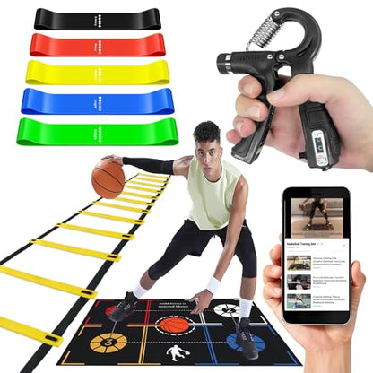 Basketball Training Equipment, Dribble Trainer, Footwork Training, Training Aids with Basketball Training Mat,Agility Ladder,Hand Grip Strengthener,Resistance Bands