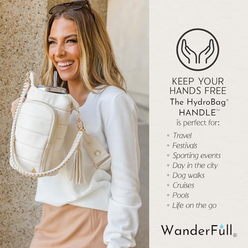 WanderFull HydroBag Handle®, Vegan Leather Hands-Free Crossbody 40 Oz Water Bottle Carrier w/Strap Bundle - color: Ivory