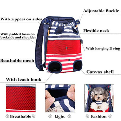 Lifeunion Legs Out Dog Carrier Backpack Hands-Free Adjustable Pet Travel Carrier for Small Medium Dogs Cats Motorcycle Hiking Walking (Red and Blue Stripes) - color: Red and Blue Stripes