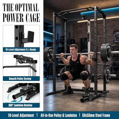 KOPUS Power Rack with Pulley System – Multi-Functional Power Cage Squat Rack, LAT Pull Down, J Hooks & Safety Bars – 1200 lbs Home Gym Equipment – 5 Configurations