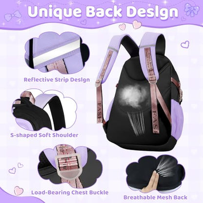 Girls Backpack with Lunch Box, 5pc Cute Bookbag for Kids Teen, Kawaii Aesthetic Elementary School Backpack - color: Purple Black