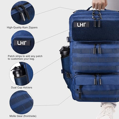 LHI Tactical Military Backpack for Men and Women 25L/35L Army Assault Pack Bag Small Rucksack with Bottle Holder - color: 50l-shoe Compartment(blue), size: Large