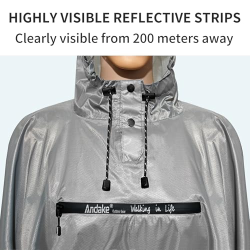 Andake Waterproof Rain Poncho for Adults Unisex,230T Ripstop Polyester,Raincoat Gear with Transparent Viewing Window Outdoors - color: Grey