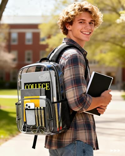 HOTOR Clear Backpack - Multi-Pocket Bookbag, Cold-Resistant PVC Waterproof Work Bag & College Backpack with Padded Shoulder Straps for Travel, Festival, 18.5" x 14.0" x 9.0", Black - size: Large